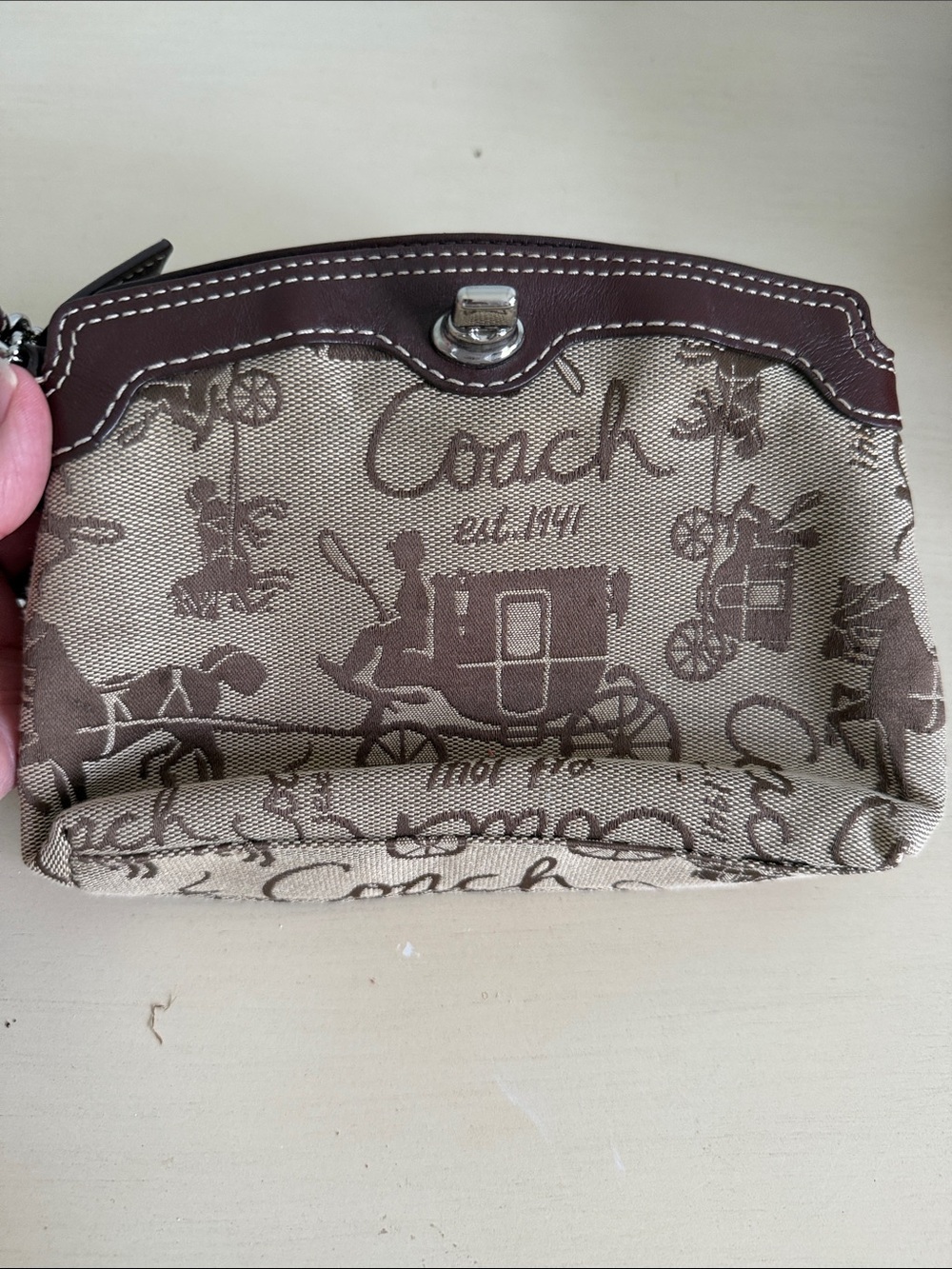 Coach Beige and Brown Signature Canvas Wristlet Pouch